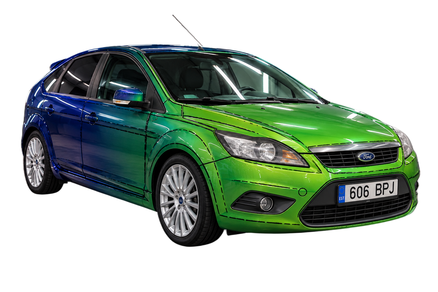 Rohe-sinine Ford Focus pärast värvimist